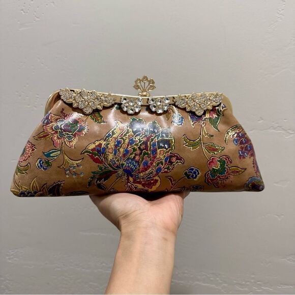 Genuine Leather Retro Floral Print Handmade Push Lock Clutch Bag/Evening Bag - Picture 4 of 15
